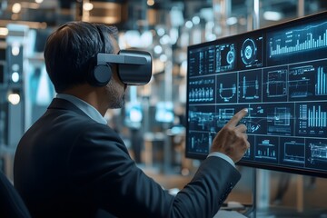 Man in VR Headset Interacting with Digital Data Display