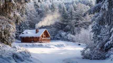 Winter cabin in a snowy forest, with smoke rising from the chimney, evoking warmth and coziness.