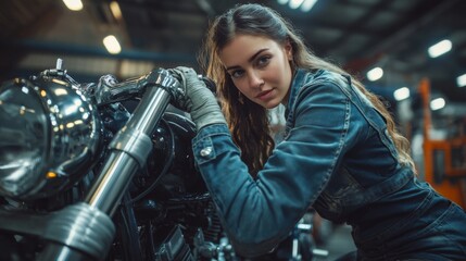 Young woman working on motorcycle in garage