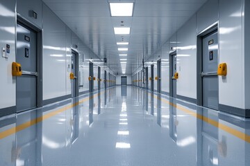 Empty corridor reflecting light in modern building interior