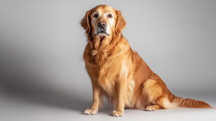A golden retriever sitting gracefully against a neutral background.