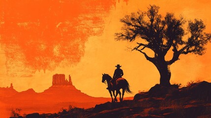 A silhouette of a cowboy on horseback against a vibrant sunset landscape.