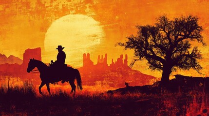 A silhouette of a cowboy on horseback against a vibrant sunset landscape.