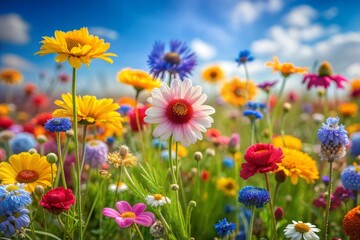 Fototapeta premium Vibrant summer flower field on clear sunny day blooming with colorful flowers