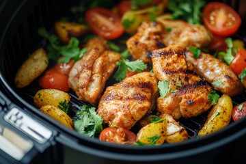 Fototapeta premium A close-up of an air fryer with chicken legs and potatoes, the food steaming hot inside the container.