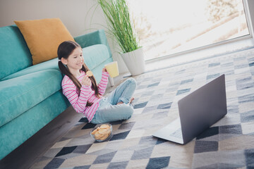 Photo of young funny kid little brunette girl staying home alone watching cartoons using laptop eating cookie with tea isolated in her room