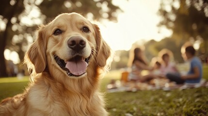 A golden retriever smiles in a park setting with people enjoying a picnic in the background.
