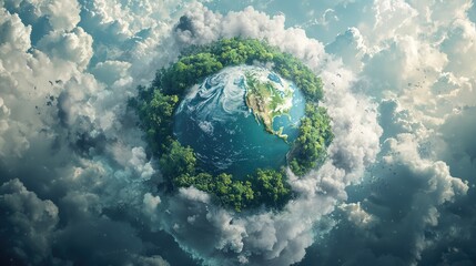 Planet earth surrounded by lush green forest and stormy clouds