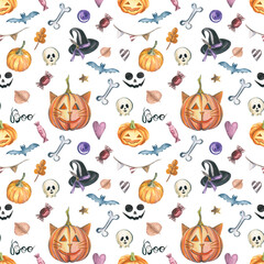 Cartoon seamless pattern for Halloween on a white background. For textiles, wrapping paper, backgrounds. Watercolor handmade