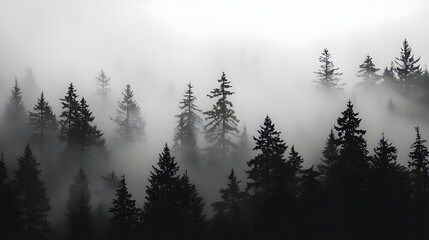 Obraz premium A moody shot of a forest shrouded in morning mist, with the silhouettes of trees barely visible against a gray, foggy sky.