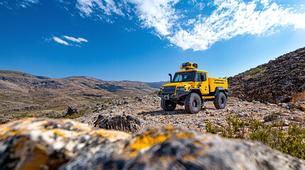 a modern, high-tech geological survey vehicle parked in a rugged landscape, capturing the vehicle’s advanced features and the surrounding environment 