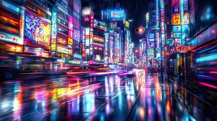 Obraz premium A dynamic and colorful night scene of Tokyo’s bustling streets, captured from a slightly elevated angle.