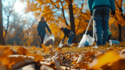 Volunteers actively participating in a park cleanup during autumn, gathering trash in bags surrounded by vibrant orange and yellow leaves. The image highlights community engagement and environmental