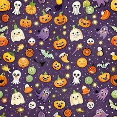 children's pater background with Halloween illustrations - pumpkins, ghosts and other monsters