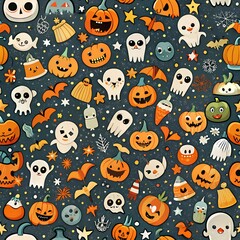 children's pater background with Halloween illustrations - pumpkins, ghosts and other monsters