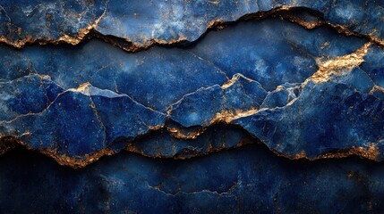 Fototapeta premium Blue gemstone wall shining with golden veins background texture