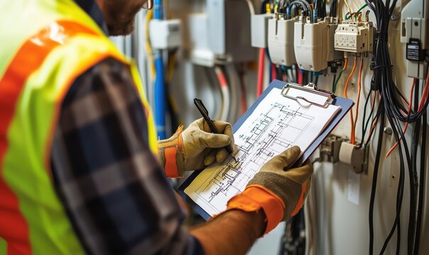 An experienced electrician in a safety vest and gloves holds a clipboard with a detailed electrical blueprint while standing near an open electrical panel