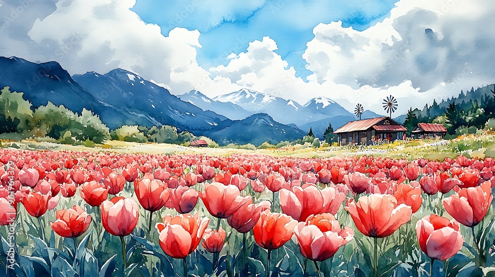 Poster Watercolor Painting of Red Tulips in a Field with a Farmhouse and Mountain Background.