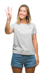 Young beautiful woman over isolated background showing and pointing up with fingers number four while smiling confident and happy.