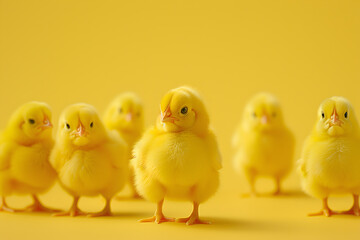 Naklejka premium Yellow chicks on a yellow background
