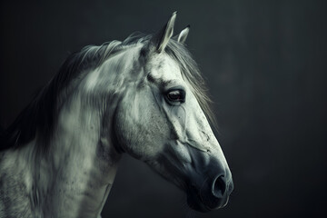 Close-up of a white horse on dark background