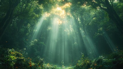 Obraz premium Sunbeams lighting up lush green forest floor
