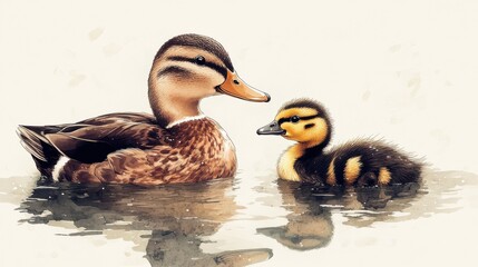 An illustration of an adult duck with a duckling, showcasing a nurturing or caring interaction