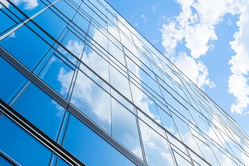 Skyscrapers and office buildings captured from a low angle. The window glass reflects the blue sky and white clouds.
