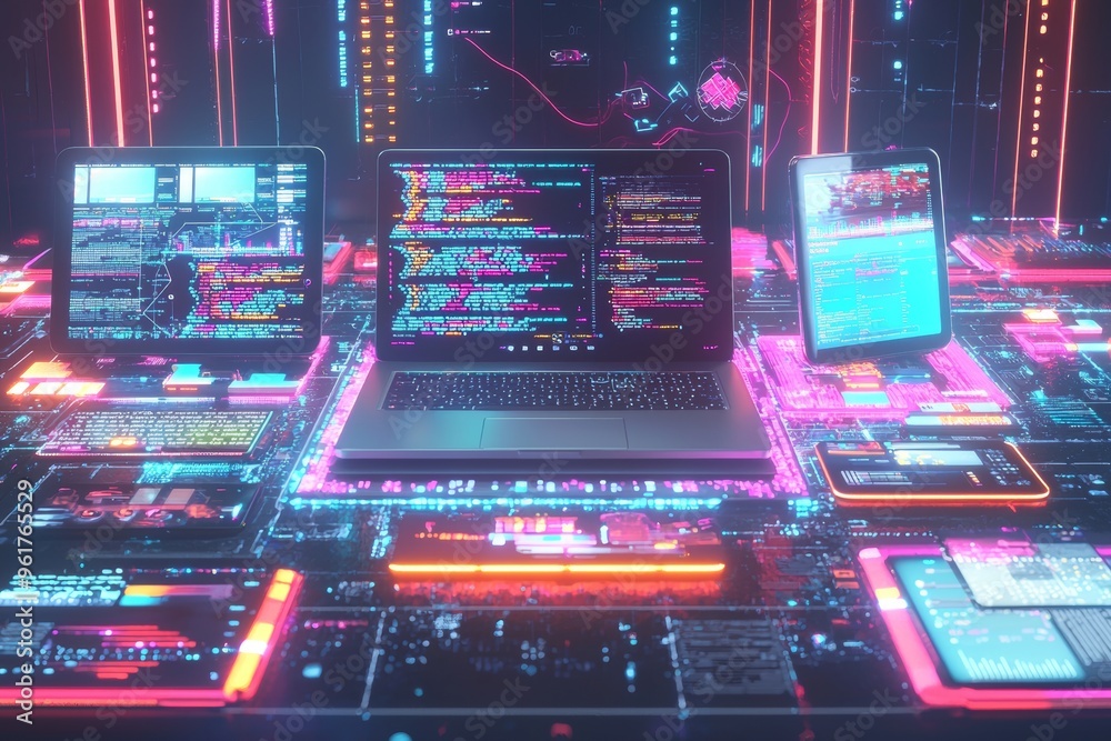 Aufkleber Programming a graphic interface's responsive layout, generative AI and coding a mobile app built for laptops.
