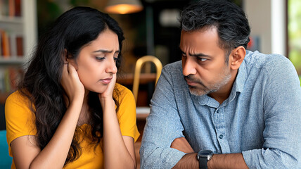 Serious discussion between Indian couple in emotional conversation at home. Woman and man facing relationship issues during tense dialogue.