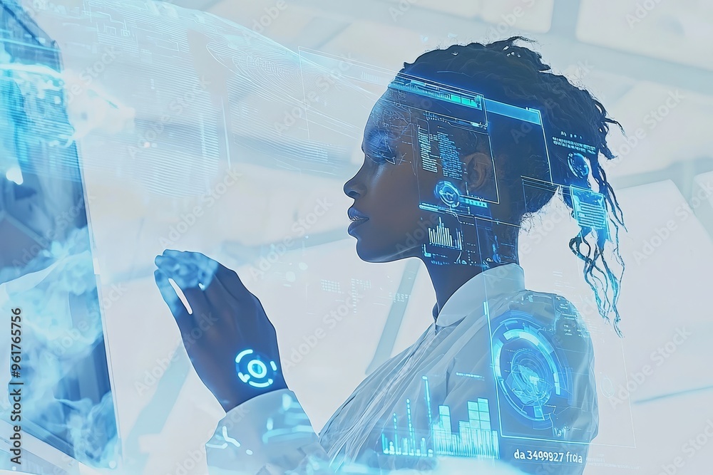 Poster in this image, we see an african american woman working in an office with an ict (information commun