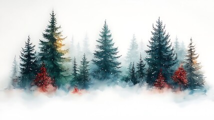 Obraz premium Watercolor Painting of a Snowy Forest Landscape.