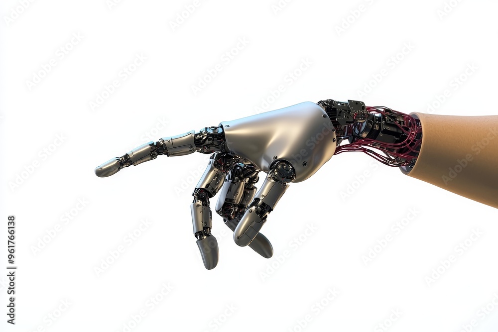 Poster a white cyborg robotic hand points to a human hand with a stretched finger - cyberla creation - isol