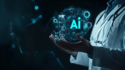 Technology in medicine, doctors using AI robots for diagnosis, care, and increasing accuracy in patient treatment in the future. Innovation technologies in medicine to improve health outcomes.