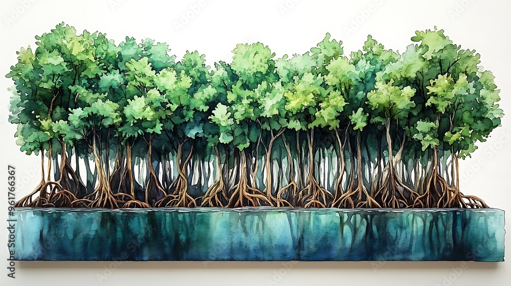 Sticker Watercolor Illustration of a Mangrove Forest with Exposed Roots.