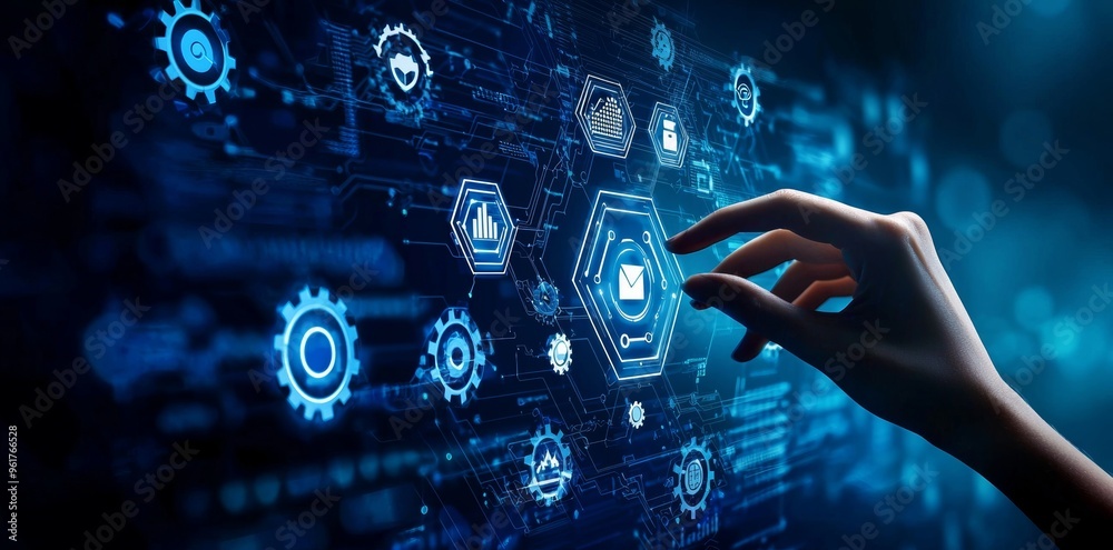 Aufkleber Business process workflow optimization. Robotic process automation and business process management. AI technology, innovation, and data analytics.