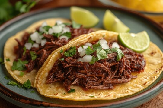 Delicious traditional mexican food: barbacoa tacos lying on plate