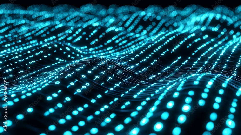 Poster Blue and green tones depict a wave of binary code on a digital background.