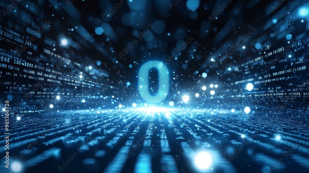 Poster Digital binary code stream displayed in close-up on black background, showing glowing blue 1s and 0s.