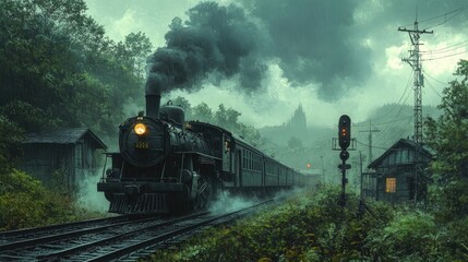Old steam train approaching a station during a gloomy day