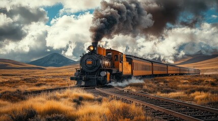 Classic steam train traveling through the wild west desert landscape