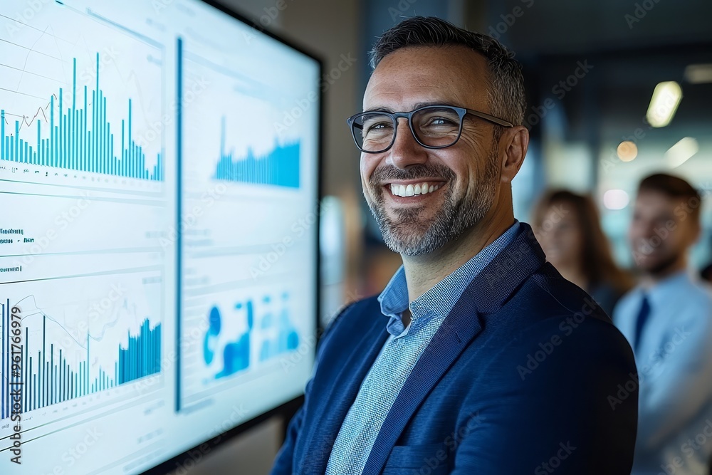Poster several professionals are gathered around a table in a modern office, listening to a businessman sta