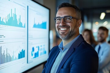 Several professionals are gathered around a table in a modern office, listening to a businessman stand in front of a large screen showing a graph depicting upward growth.
