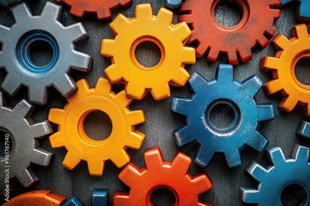 Poster colorful interlocking gears forming a unified teamwork mechanism