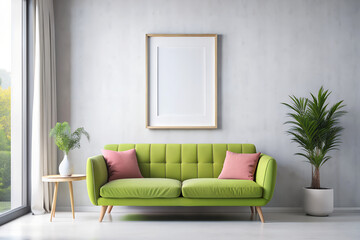 Mockup with empty frame to advertise your painting or poster in modern minimalist apartment interior in green pastel colors	
