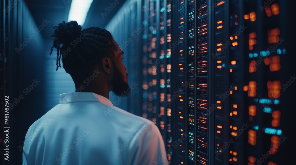 Poster IT employee at work performing maintenance on server room hardware, camera B. System administrator responsible for installation of networking equipment.