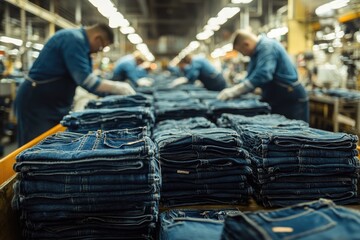 Textile factory workers checking quality of denim pants