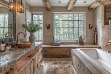 Rustic Bathroom A rustic bathroom with wooden beams, a stone sink, and copper fixtures. Include a large mirror and natural light