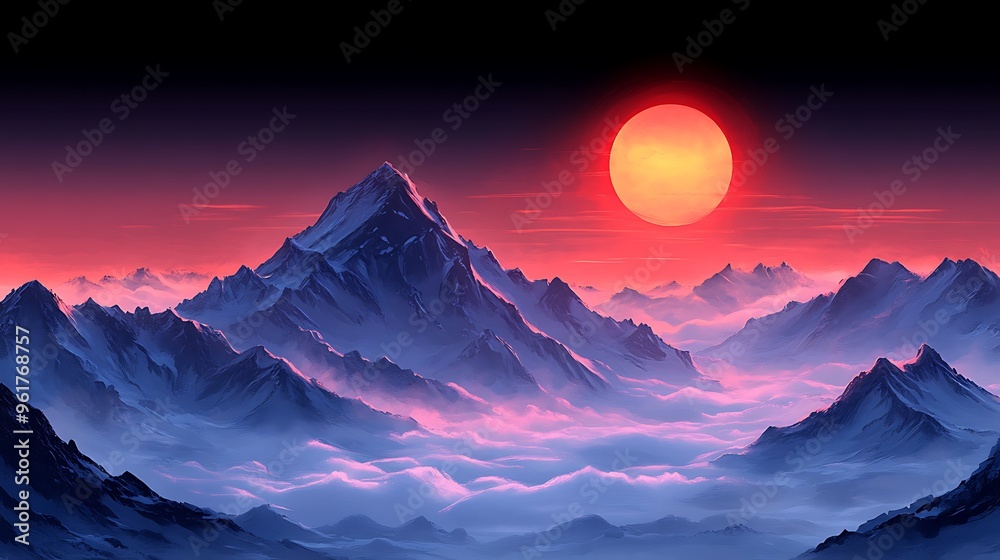 Sticker A Crimson Sunset Over Snowy Mountains.