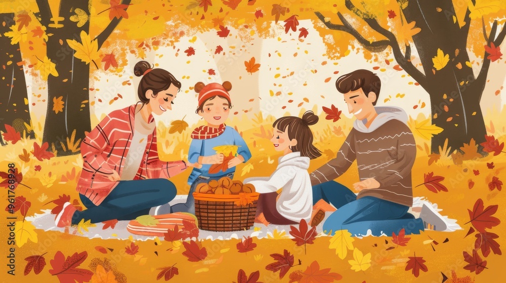 Wall mural A cheerful family of four enjoys an autumn picnic amidst vibrant fall foliage. The parents and children share food and laughter, embodying togetherness and warmth in a picturesque park setting.